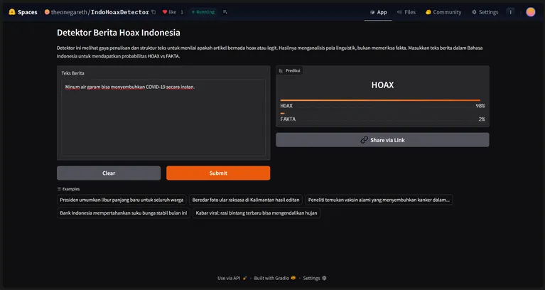 IndoHoaxDetector running on Hugging Face Spaces, classifying a pasted Indonesian article as HOAX