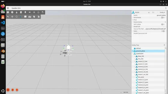 Gazebo simulation of the KRTI 2025 drone on the ground plane with the entity tree open