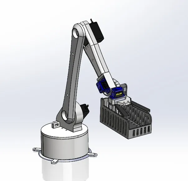 SolidWorks render of the strawberry-picking robotic arm with its slotted basket end effector