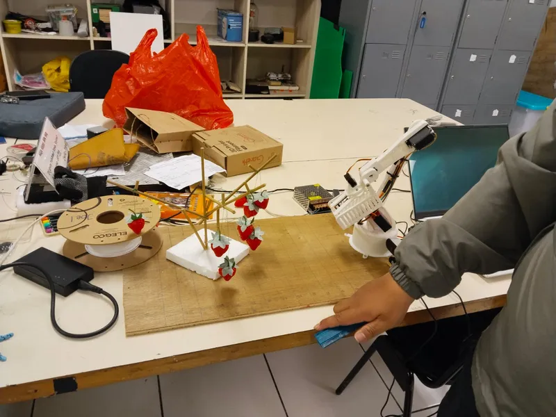 3D-printed strawberry-picking arm prototype on the bench, reaching for strawberries beside a laptop